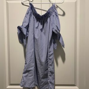 Agaci Blue and White Striped off the shoulder dress